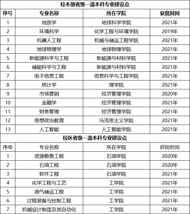 中国石油大学（北京）一流本科专业建设点名单（国家级+市级）